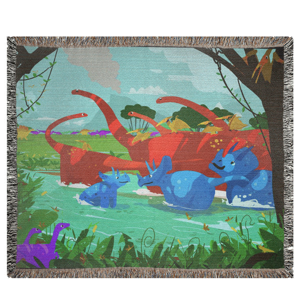 Dinosaur Fun at the River - WOVEN COTTON THROW