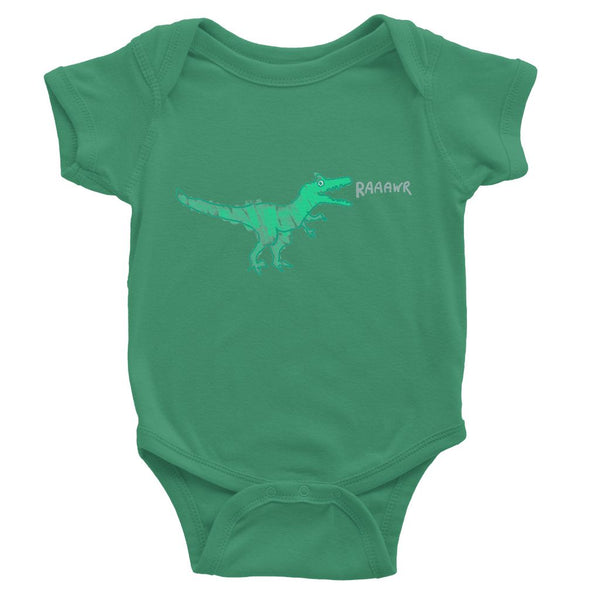 Dinostorus Doodle T-Rex Baby Onesie Kelly Green